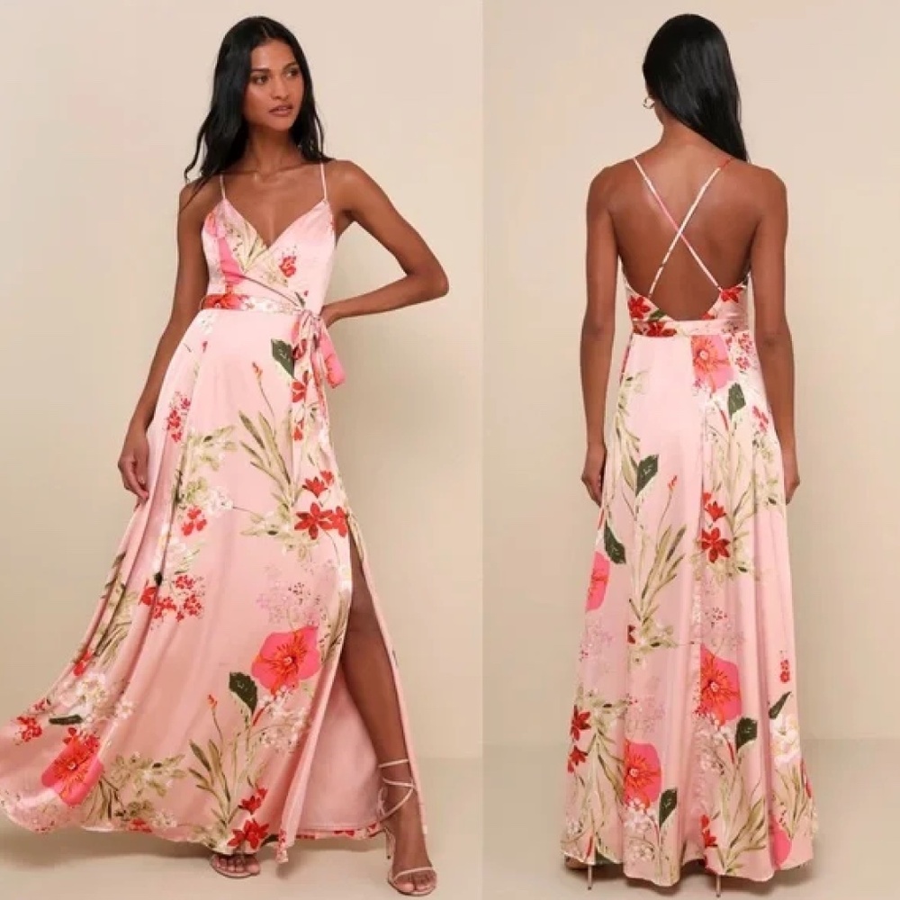 Lulu’s Still the One Blush Pink Floral Print Satin Maxi Dresss